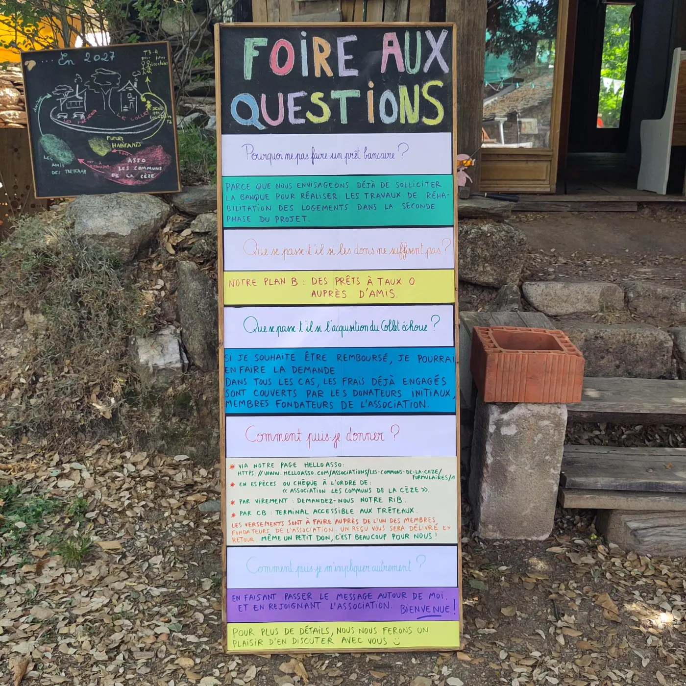 Le panneau « Foire aux questions » des Tréteaux, posé devant le mas : les questions et réponses de cette page, écrites à la main sur des bandes de papier colorées.